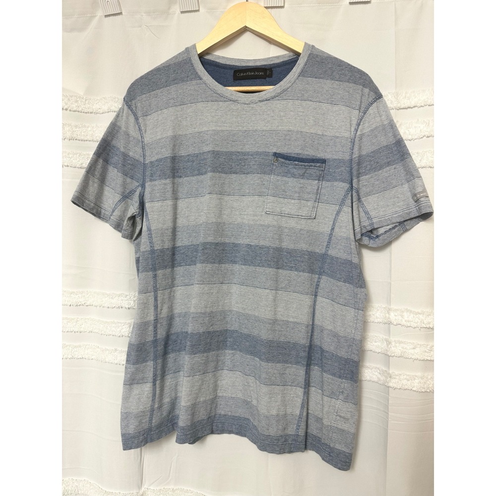 Calvin Klein Jeans Mens Blue Striped Pocket T-Shirt Cotton Crew Neck L 41SK244